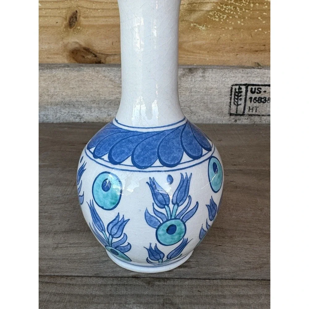 Vintage Hand Made Hand Painted Small‎ Turkish Porcelain Vase Blue Floral